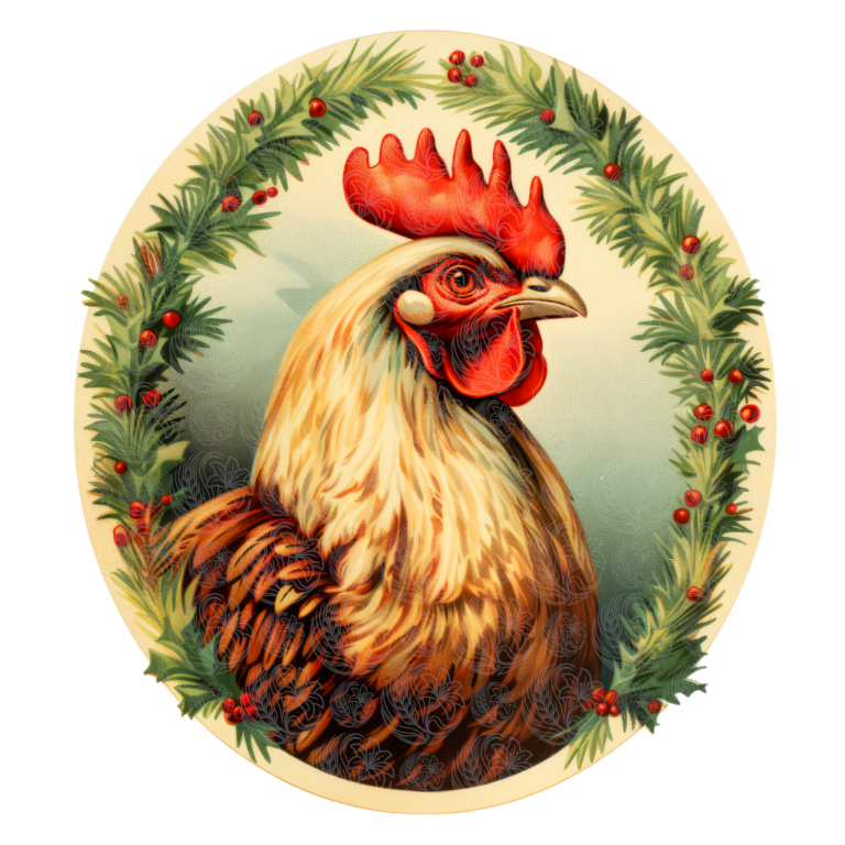 Christmas chicken portrait framed in a holly and berry wreath, vintage farmhouse illustration, Grey Barn Handwerk, Saskatchewan.